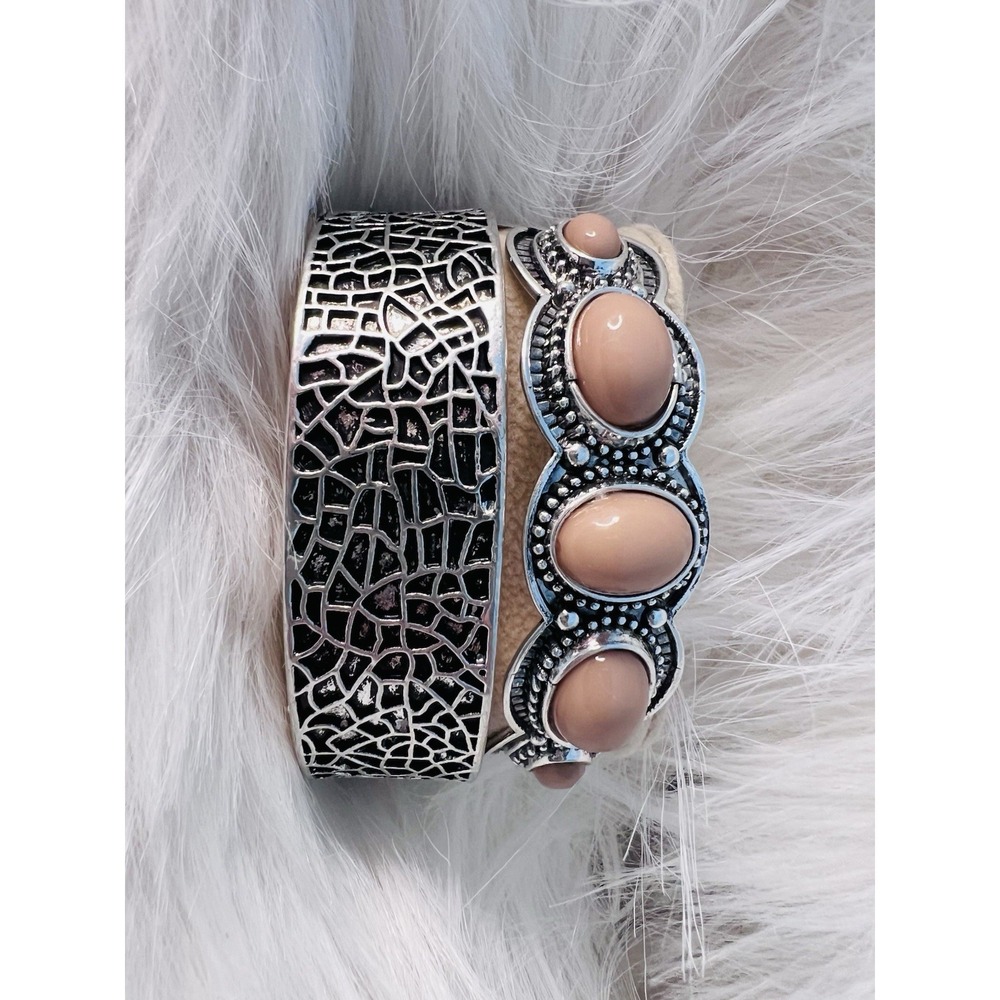 Two Silver-tone Cuff Bracelets Set Boho Earthy Bohemian Southwestern Rustic Gift